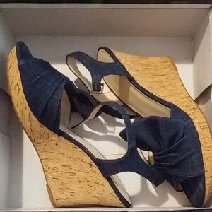 Nine West Blue Tan Wedges with Ankle Strap